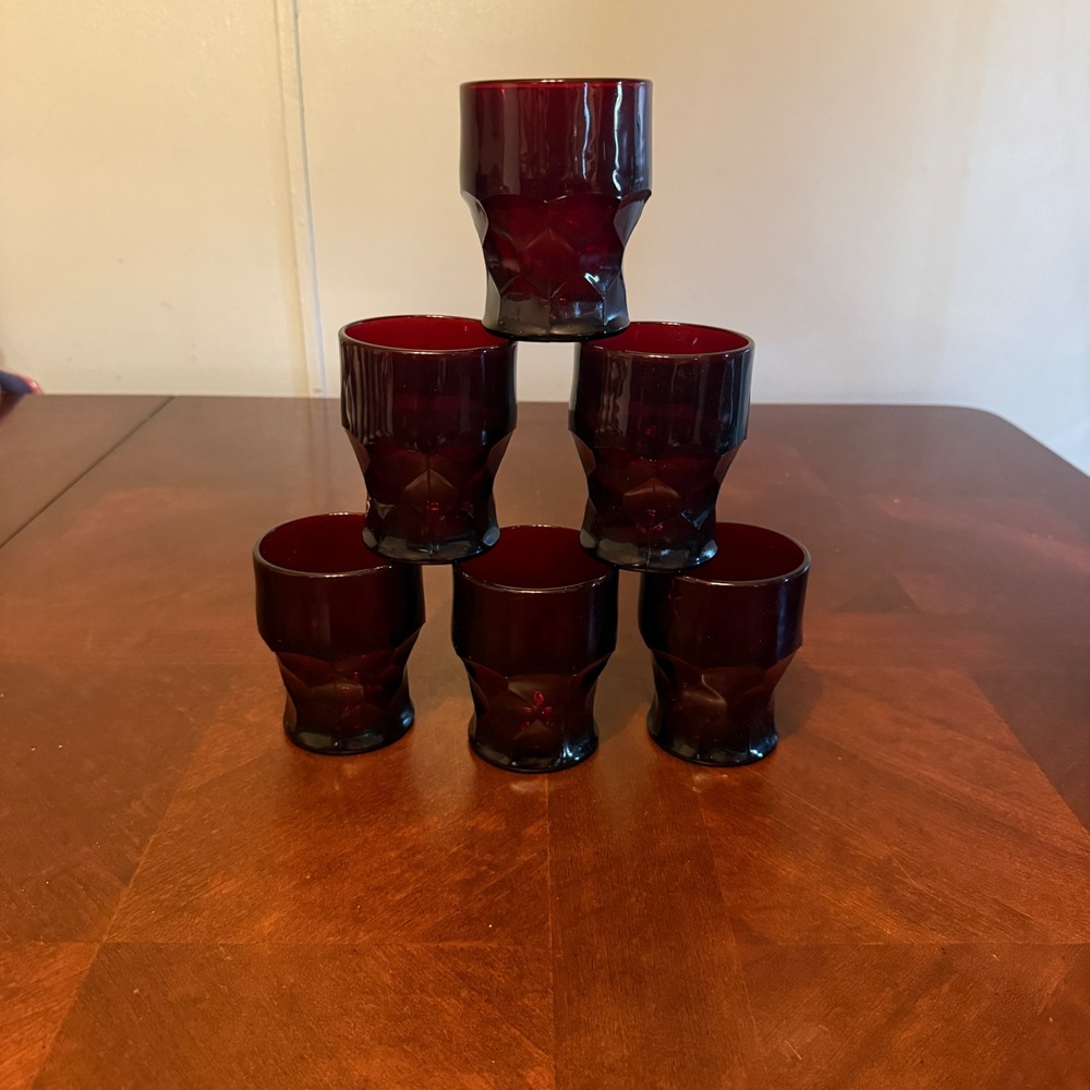 Vtg Ruby Red Glass Juice Tumblers Set of 6 Geometric Footed Mid Century